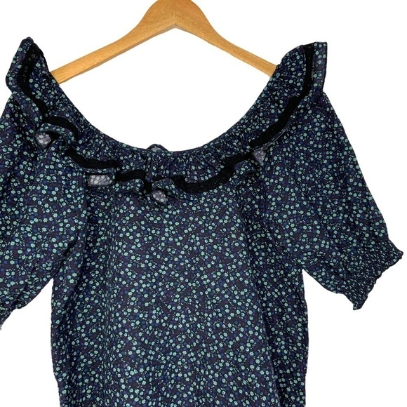 Something Navy Womans Floral Kira Top XS Blue Ruffle Short Sleeve Linen Cotton - Picture 5 of 9